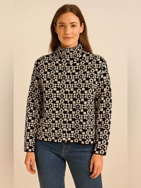 Maeve Anthropologie Carys Mock neck black and White Geometric Pattern Sweater S